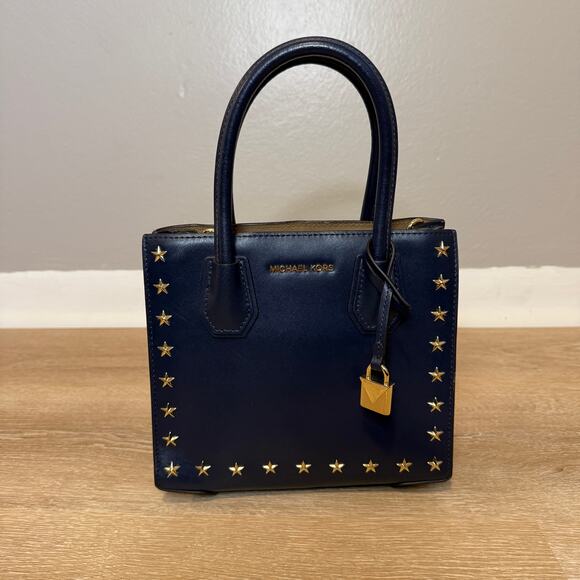 Michael Kors Mercer Navy Blue Gold Star Studded Handbag Limited Edition - Picture 1 of 10